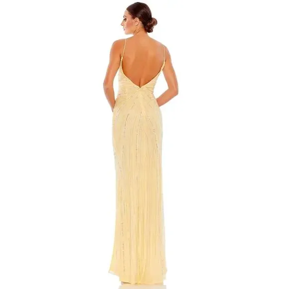 Mac Duggal 93733 Buttercream Yellow Beaded Sleeveless Faux Wrap Gown 16 Prom